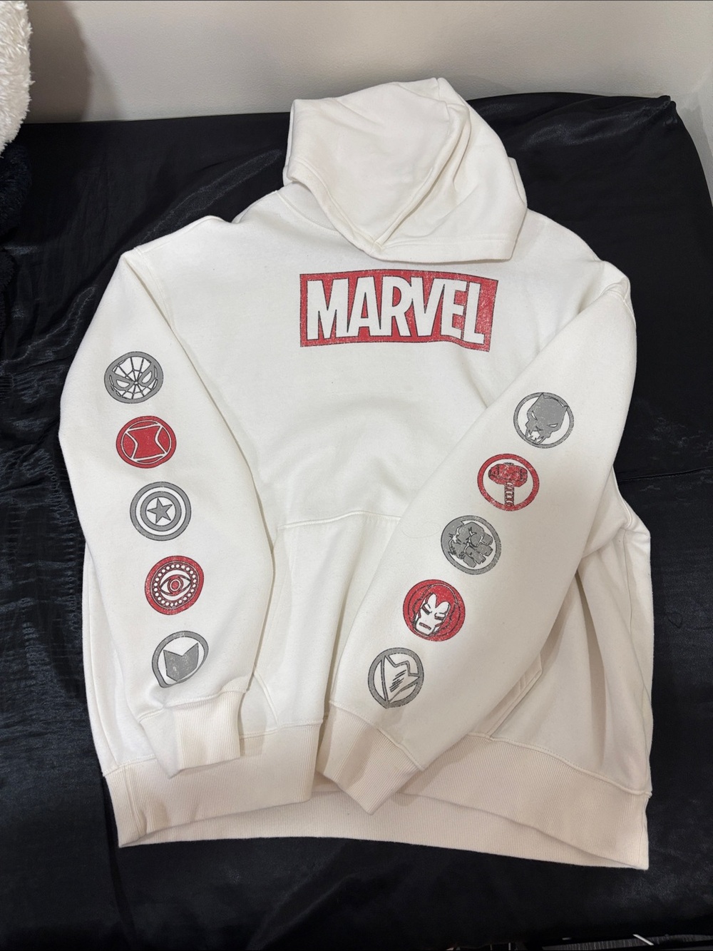 Marvel White Crewneck Hoodie with Red Logo and Sleeve Emblems